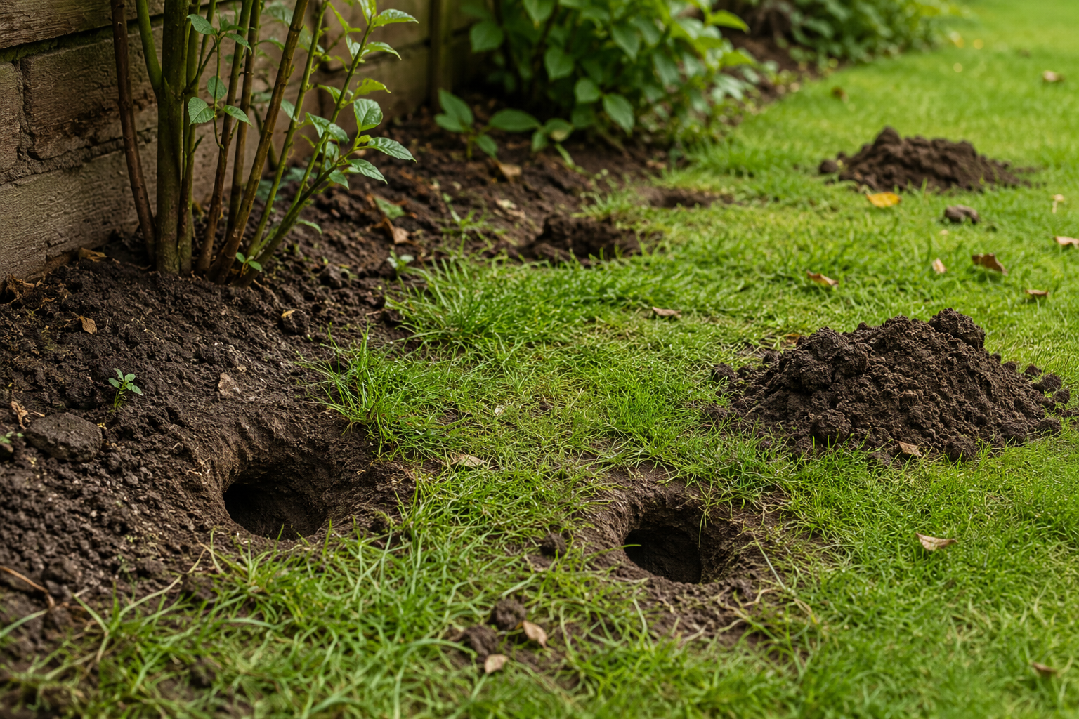 Grote gaten en molshopen in tuin gazon door dier dat gangen graaft
