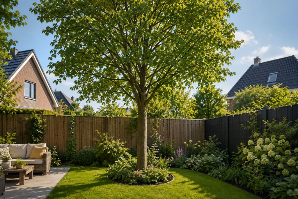 Grote boom in een achtertuin bij een schutting, passend bij de vraag hoe hoog mag een boom in de tuin zijn.