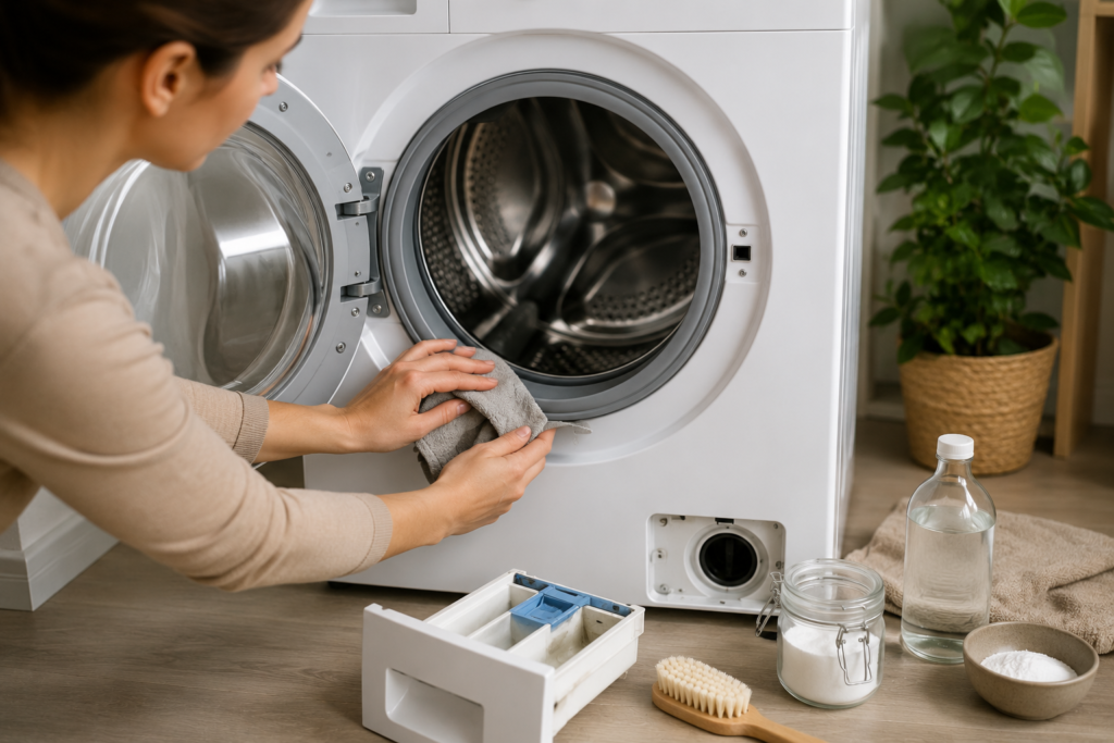 Persoon maakt de rubber rand van een wasmachine schoon met doek en natuurlijke middelen als voorbeeld van hoe maak je een wasmachine schoon.