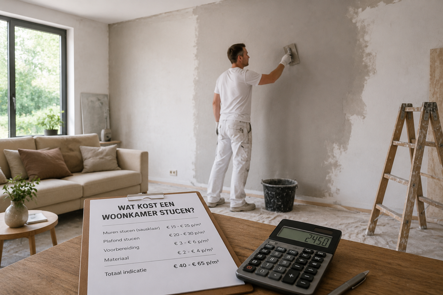 Vakman die een woonkamer stuct terwijl een kostenoverzicht en calculator op tafel liggen met informatie over wat kost een woonkamer stucen per m2.