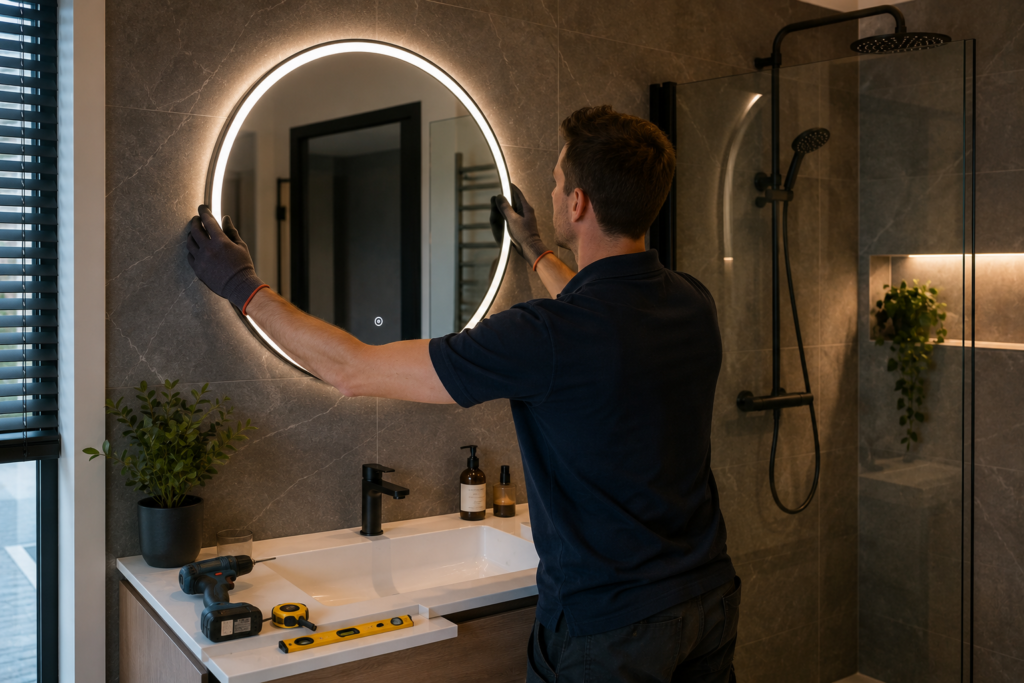 Man monteert een ronde slimme spiegel met ledverlichting in de badkamer als voorbeeld van slimspiegel correct installeren.