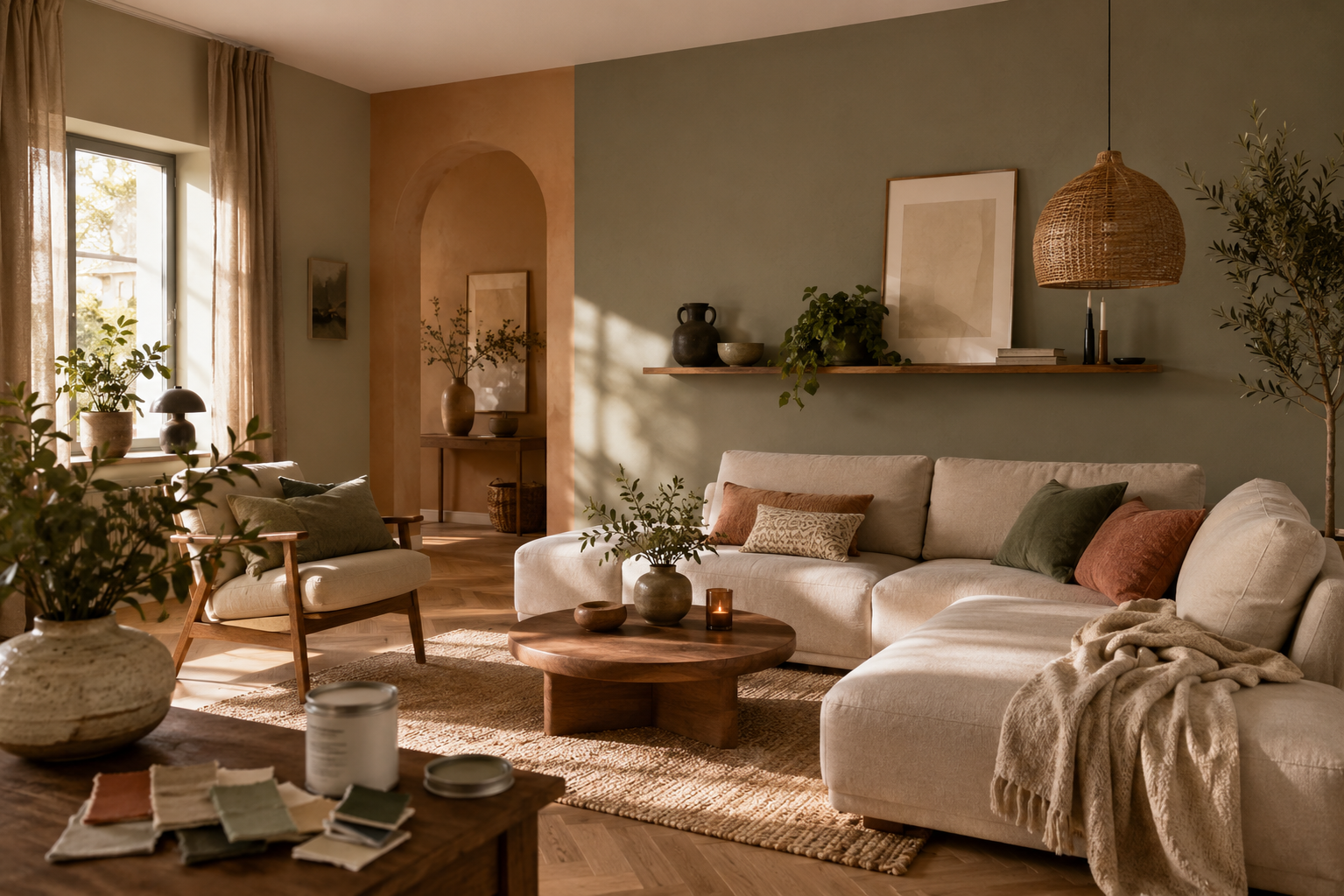 Moderne woonkamer met warme muurkleuren, zachte beige bank en natuurlijke lichtinval als voorbeeld van welke kleur op de muur woonkamer geschikt is.