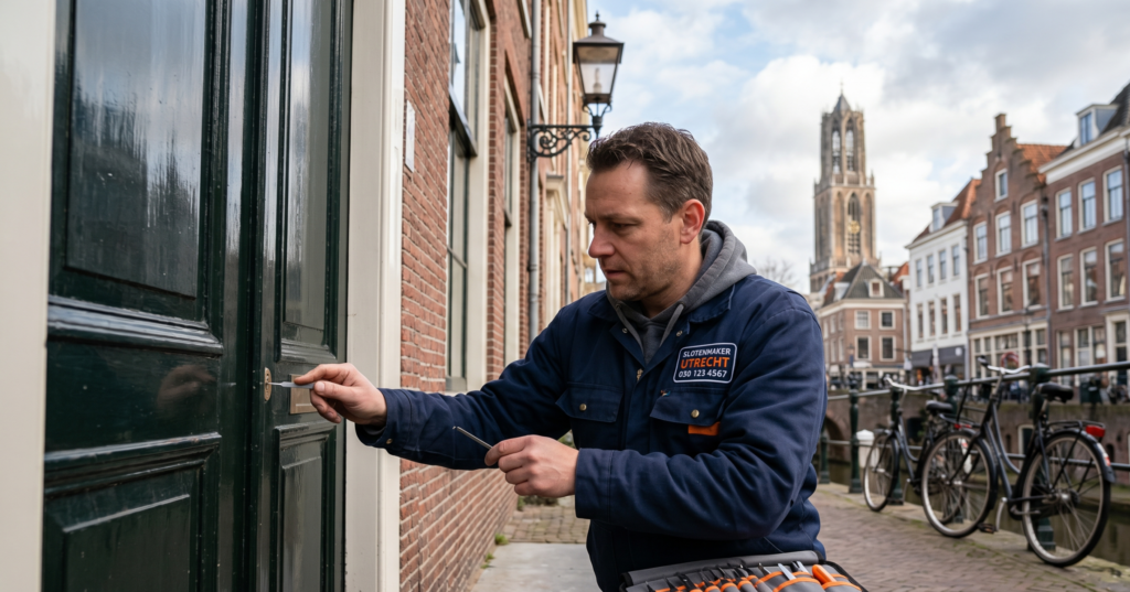 Slotenmaker in blauwe werkkleding opent een groene voordeur met lockpick-gereedschap langs een gracht in een Nederlandse stad.