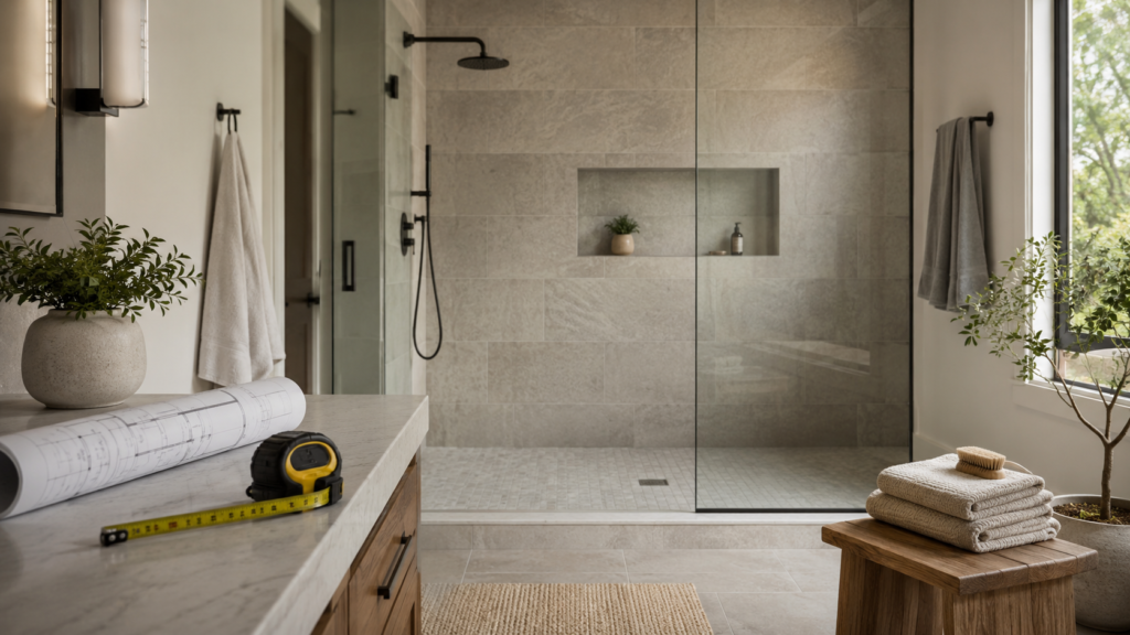 Moderne badkamer met ruime inloopdouche als voorbeeld van hoe breed een douche is en welke afmetingen comfortabel zijn.