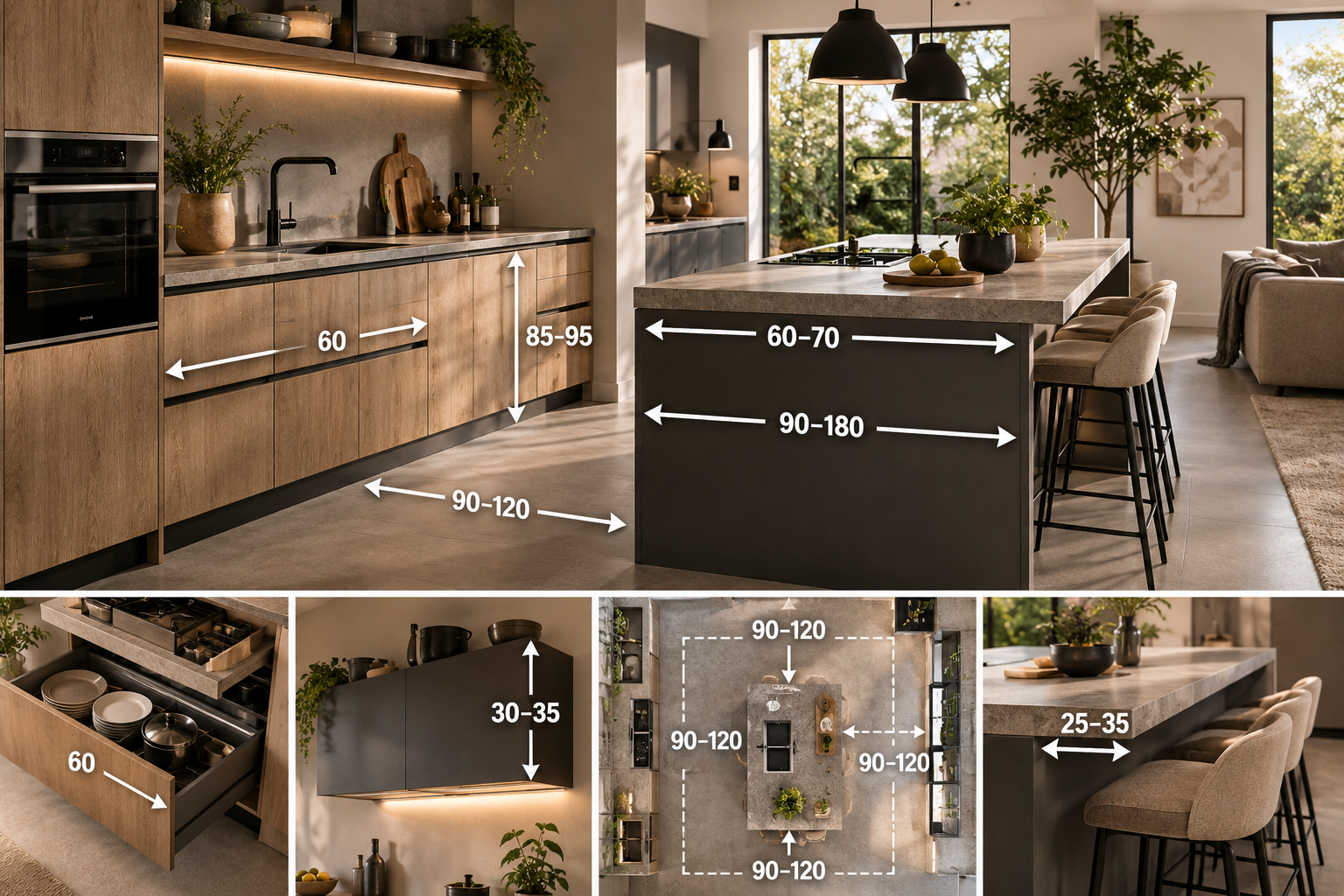Moderne keuken met keukeneiland die laat zien hoe diep een keuken is met standaard diepte van 60 cm en voldoende loopruimte