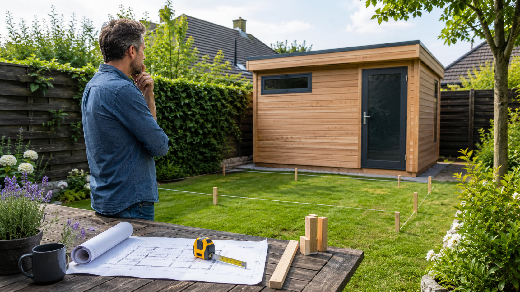 Moderne houten schuur in een achtertuin met bouwtekening en meetlint, passend bij de vraag hoe hoog mag een schuur zijn zonder vergunning.