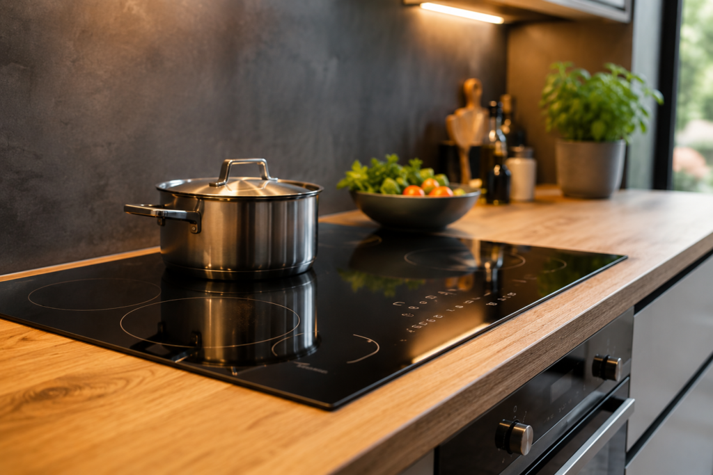 Moderne inductie kookplaat met pan in keuken – voorbeeld bij hoe lang gaat een inductie kookplaat mee en dagelijks gebruik.