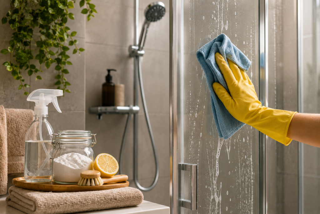 hoe douche schoonmaken met azijn en doekje op glazen douchedeur in moderne badkamer
