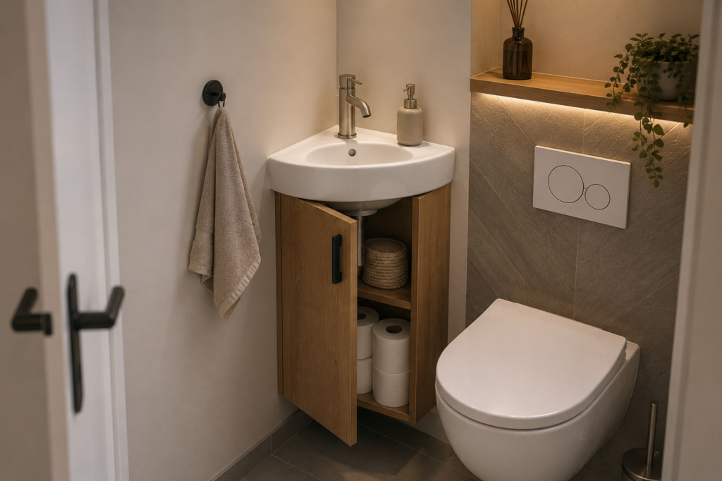 Hoek wasbak toilet met kastje in een kleine toiletruimte, moderne compacte oplossing met opbergruimte