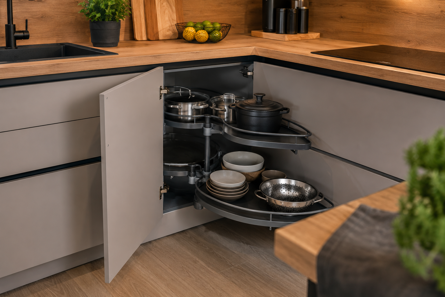 Moderne hoekkast keuken met draaiplateau en uitschuifbare planken voor maximale opbergruimte.