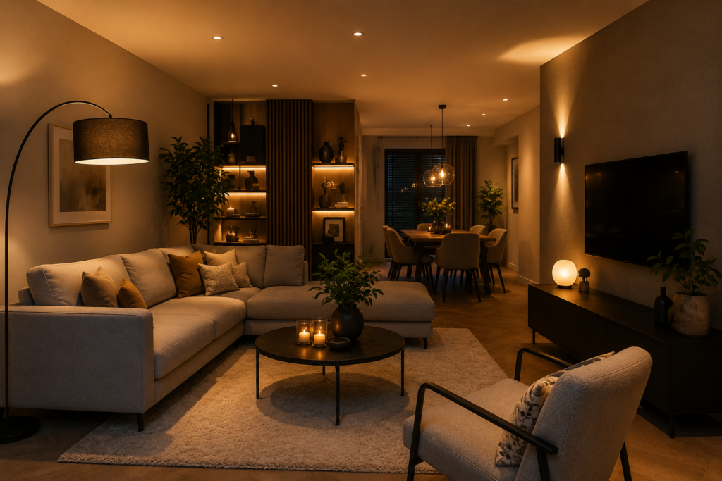 Moderne woonkamer met warme verlichting en spots, voorbeeld van hoeveel lumen woonkamer nodig heeft.