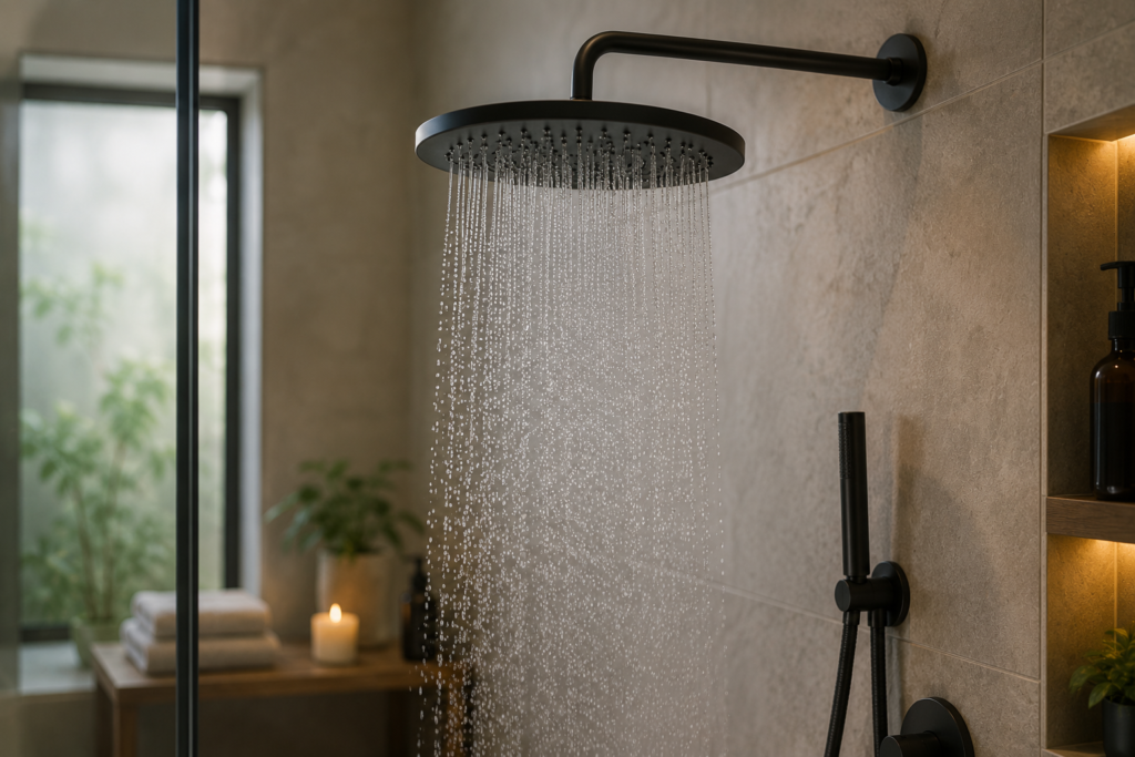 Regendouche met stromend water in moderne badkamer, voorbeeld van hoeveel liter per minuut douche gebruikt.
