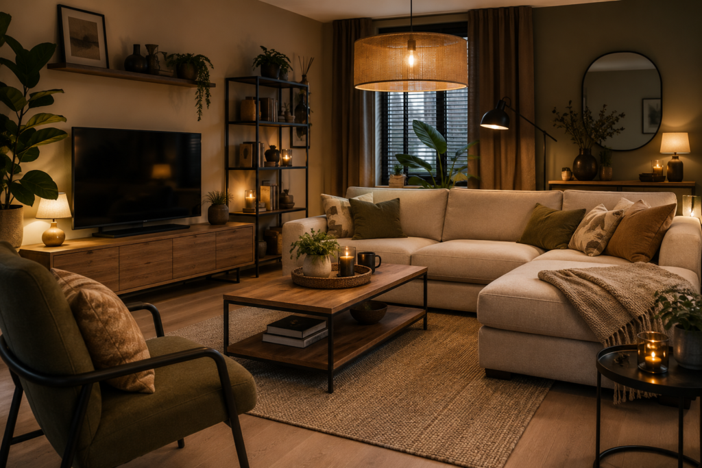 Moderne woonkamer met bank, salontafel, vloerkleed en sfeerverlichting – voorbeeld van een complete inrichting woonkamer.