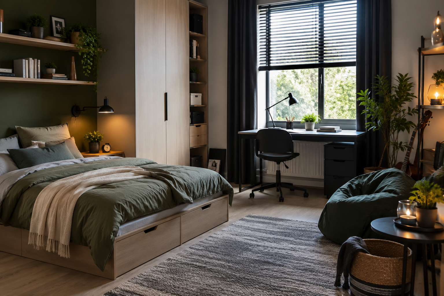 Slaapkamer tiener met bureau bij raam, bed met opberglades, groene accenten en moderne inrichting voor studeren en ontspannen