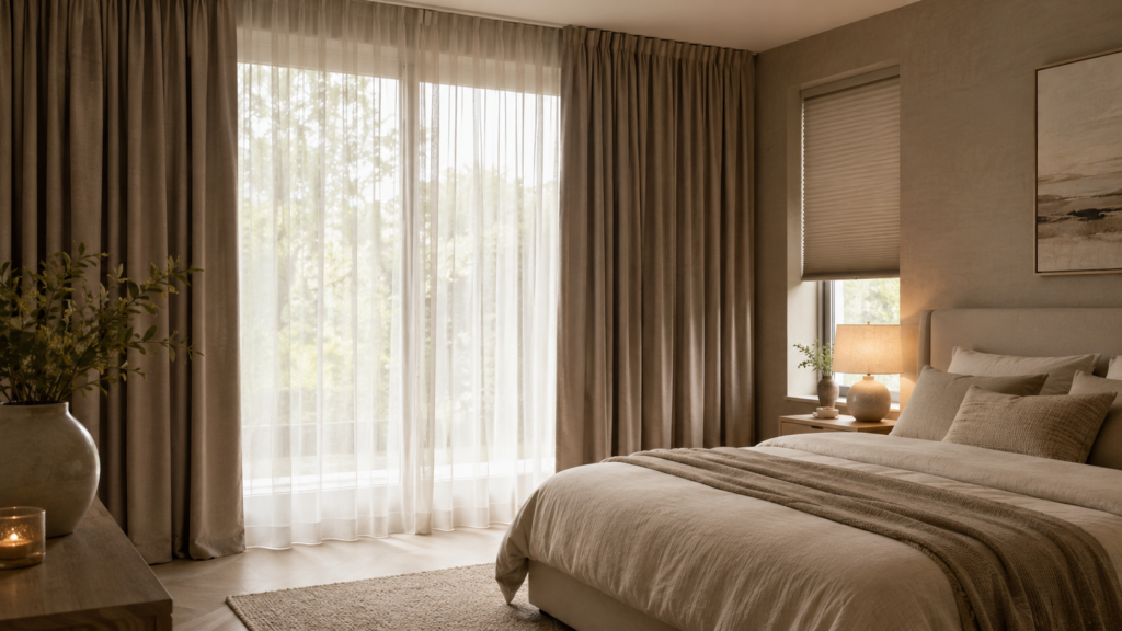 Slaapkamer met elegante soorten gordijnen slaapkamer, waaronder overgordijnen, vitrage en plisségordijn in warme neutrale tinten.