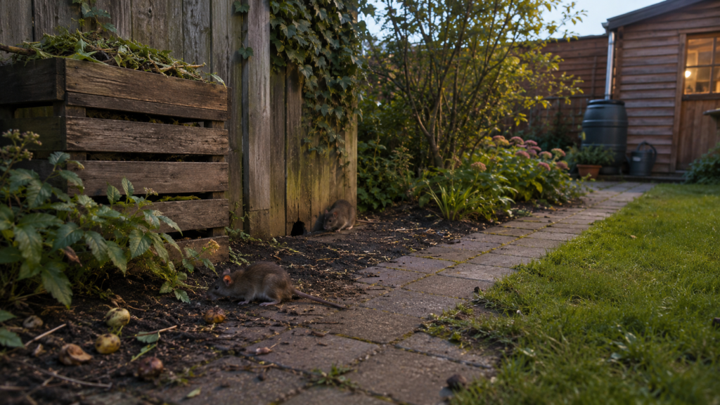 Twee ratten lopen langs een houten schutting en tuinpad in een groene achtertuin – voorbeeld van overlast en wat te doen tegen ratten in de tuin.