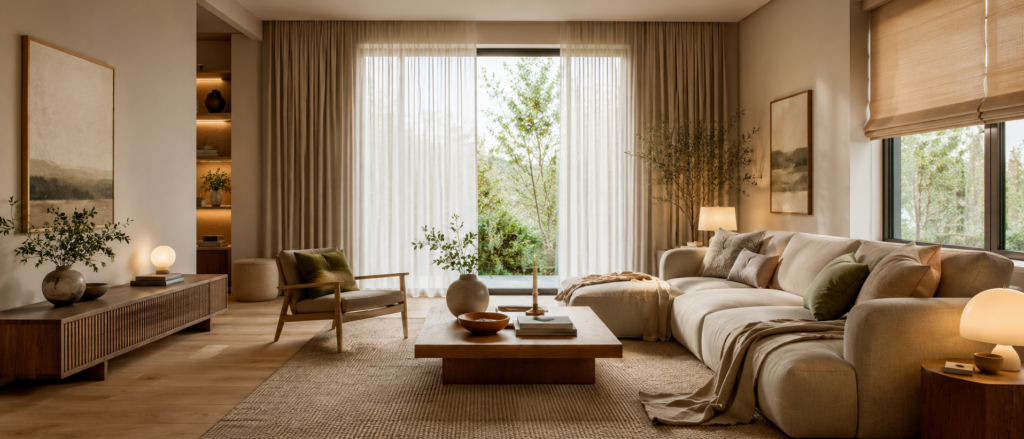 Langwerpige sfeerimpressie van een rustige, warme woonkamer met houten vloer, zachte gordijnen, natuurlijke materialen en neutrale tinten.